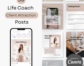 Life Coach Instagram Posts: 30 Templates for Client Attraction Customizable in Canva