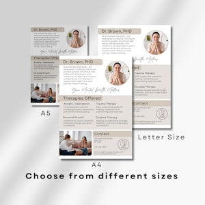 May include: A beige and brown business card with a photo of a woman smiling. The card has the text "Dr. Brown, PHD" and "Your Mental Health Matters" in a light brown font. The card lists the services offered: Anxiety/Depression, Trauma Therapy, Couples Therapy, and Personal Growth. The card also includes contact information.