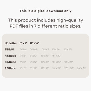 May include: A chart showing different paper sizes in inches for US Letter, DIN AO, 4:5, 3:4, and 2:3 ratios. The chart includes sizes for DIN A1, DIN A2, DIN A3, DIN A4, and DIN A5.