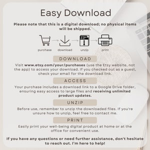 May include: A graphic with instructions on how to download a digital product from Etsy. The graphic includes icons for purchasing, downloading, unzipping, and printing. The text includes the website address www.etsy.com/your/purchases.