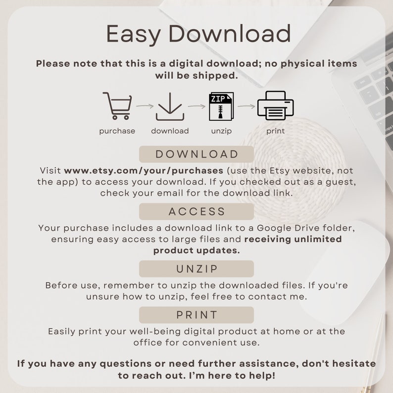 May include: A graphic with instructions on how to download a digital product from Etsy. The graphic includes icons for purchasing, downloading, unzipping, and printing. The text includes the website address www.etsy.com/your/purchases.