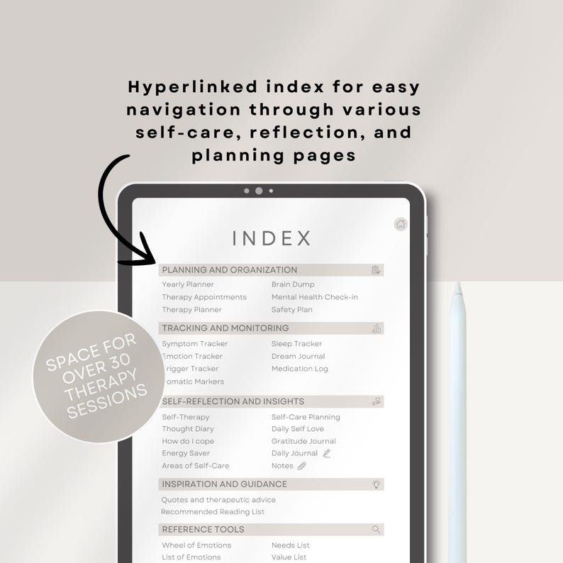 May include: A digital tablet screen displaying an index for a self-care journal. The index is organized into categories such as planning and organization, tracking and monitoring, self-reflection and insights, inspiration and guidance, and reference tools. The text "SPACE FOR OVER 30 THERAPY SESSIONS" is visible in the upper left corner of the screen.
