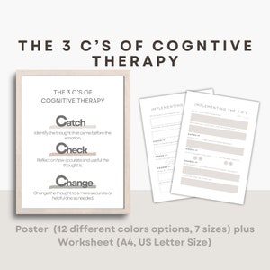 Afdrukbaar CGT 3 C&#39;s werkblad cognitieve therapie en posterset Therapiehulpmiddel Psychologisch denken Uitdagend werkblad Geestelijke gezondheid Afdrukken