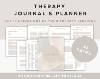 Therapy Journal Printable Mental Health Workbook Guided Therapy Planner CBT Worksheets Self-Reflection Prompts Templates Mood Tracker