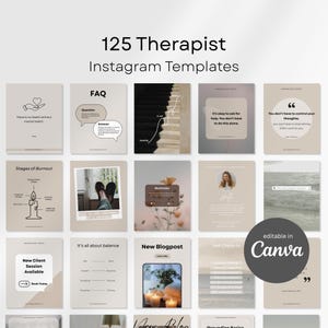Può includere: Una raccolta di 125 modelli Instagram per terapisti. I modelli presentano vari design con testo come "FAQ", "Fasi del burnout" e "Va bene chiedere aiuto". I modelli sono modificabili in Canva.