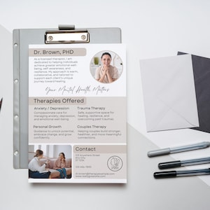 May include: A beige and white flyer with a photo of a therapist. The flyer advertises therapy services offered by Dr. Brown, PHD. The text on the flyer reads "Your Mental Health Matters" and lists the following therapies: Anxiety/Depression, Trauma Therapy, Personal Growth, and Couples Therapy. The flyer also includes contact information for Dr. Brown.