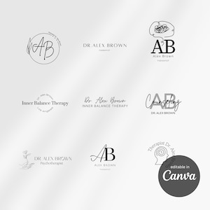 May include: Collection of minimalist logos for a therapist, featuring the initials "AB" in various elegant fonts. Designs include a line drawing of a brain, a flower, and the text "Dr. Alex Brown, Therapist". The logos are editable in Canva.