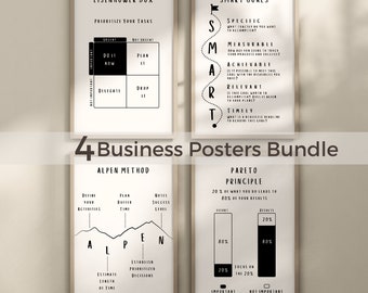 May include: Four black and white printable posters with business productivity tips. The posters feature the Eisenhower Box, SMART goals, the ALPEN method, and the Pareto Principle.