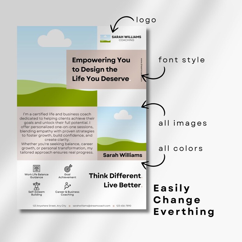 Life Coach Flyer Anpassbares Design Bearbeitbare Canva Vorlage Über mich Flyer für Coaches Professionelles Marketingmaterial Business Promotion Bild 2