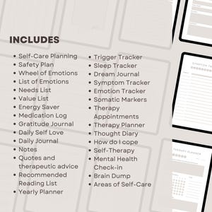 May include: A printable digital planner with a list of self-care tools and resources, including a safety plan, wheel of emotions, needs list, value list, energy saver, medication log, gratitude journal, daily self-love, daily journal, notes, quotes, therapeutic advice, recommended reading list, yearly planner, trigger tracker, sleep tracker, dream journal, symptom tracker, emotion tracker, somatic markers, therapy appointments, therapy planner, thought diary, how to cope, self-therapy, mental health check-in, brain dump, and areas of self-care.