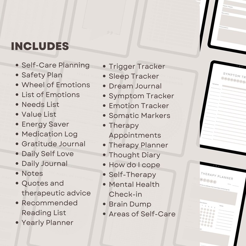 May include: A printable digital planner with a list of self-care tools and resources, including a safety plan, wheel of emotions, needs list, value list, energy saver, medication log, gratitude journal, daily self-love, daily journal, notes, quotes, therapeutic advice, recommended reading list, yearly planner, trigger tracker, sleep tracker, dream journal, symptom tracker, emotion tracker, somatic markers, therapy appointments, therapy planner, thought diary, how to cope, self-therapy, mental health check-in, brain dump, and areas of self-care.