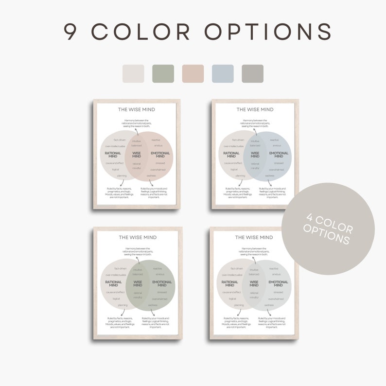 May include: Four printable worksheets with a Venn diagram showing the relationship between the rational, emotional, and wise mind. The worksheets are in four different color schemes: beige, light blue, light green, and light pink.