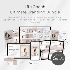 May include: A digital branding bundle for a life coach, featuring a website template, business cards, brochures, and social media graphics. The design includes a neutral color palette with images of a woman in a professional setting. The text includes "Life Coach" and "Ultimate Branding Bundle."