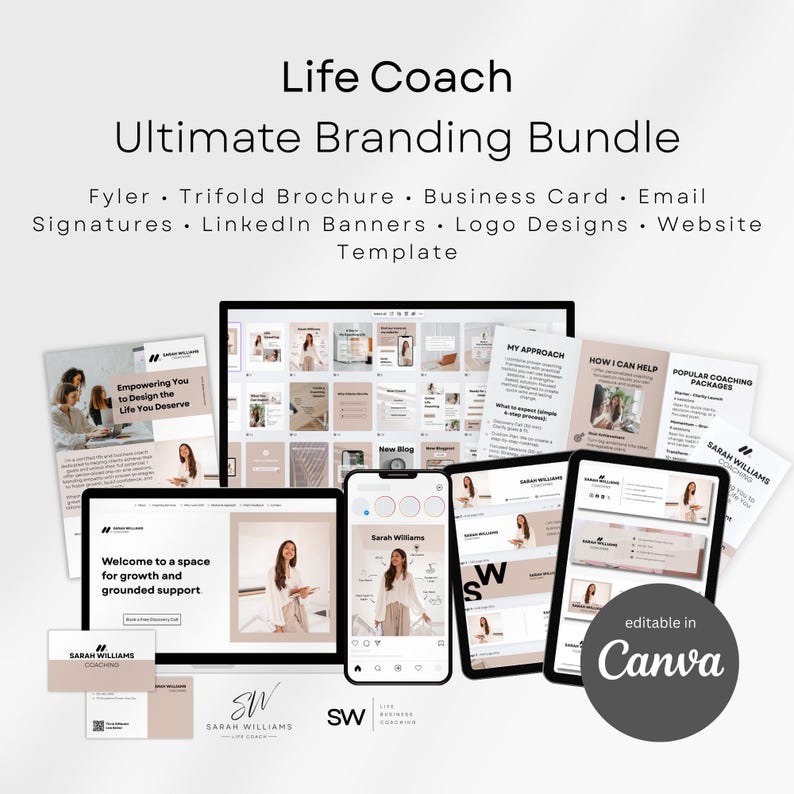 May include: A digital branding bundle for a life coach, featuring a website template, business cards, brochures, and social media graphics. The design includes a neutral color palette with images of a woman in a professional setting. The text includes "Life Coach" and "Ultimate Branding Bundle."