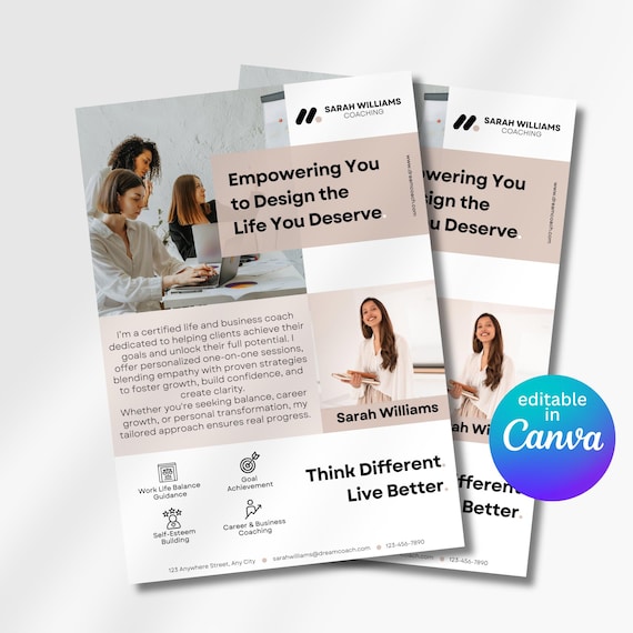 Life Coach Flyer Customizable Design Editable Canva Template About Me Flyer for Coaches Professional Marketing Material Business Promotion