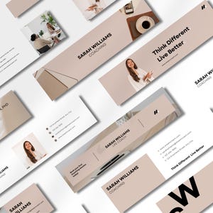 May include: A collection of business cards and promotional materials featuring the name "Sarah Williams" and the words "Coaching" and "Life Coach." The design includes images of a woman, a coffee cup, and a pen. The color scheme is primarily beige and white.