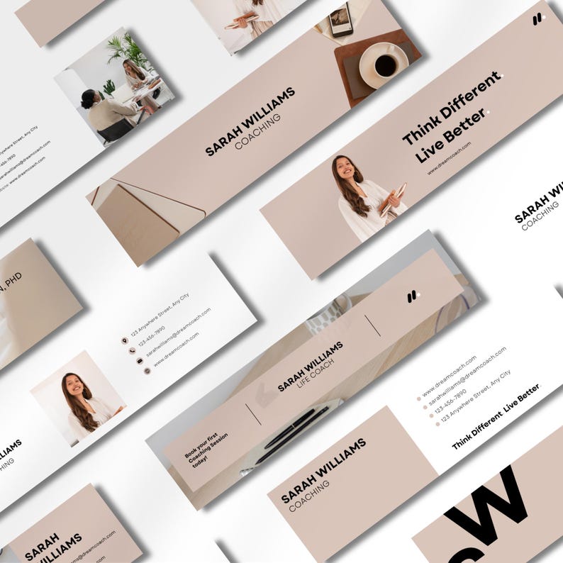 May include: A collection of business cards and promotional materials featuring the name "Sarah Williams" and the words "Coaching" and "Life Coach." The design includes images of a woman, a coffee cup, and a pen. The color scheme is primarily beige and white.