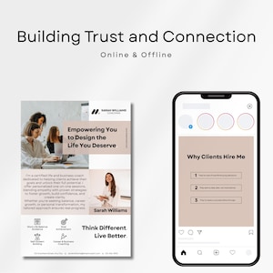May include: Image featuring a flyer and a smartphone. The flyer, with the text "Building Trust and Connection," promotes a life and business coach. The smartphone displays a social media post with the headline "Why Clients Hire Me."