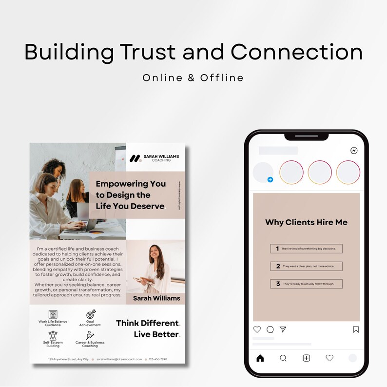 May include: Image featuring a flyer and a smartphone. The flyer, with the text "Building Trust and Connection," promotes a life and business coach. The smartphone displays a social media post with the headline "Why Clients Hire Me."