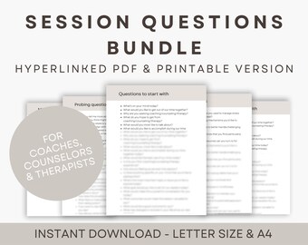 May include: A digital download bundle of printable session questions for coaches, counselors, and therapists. The bundle includes questions to start with, probing questions, and questions about the client's strengths. The text "Instant Download - Letter Size & A4" is at the bottom of the image.