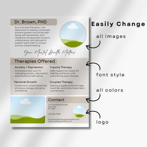 May include: A beige and brown business card with a green and white landscape logo. The card features the text "Dr. Brown, PHD" and "Your Mental Health Matters". The card lists various therapy services offered, including anxiety/depression, trauma therapy, personal growth, and couples therapy. It also includes contact information with an address, phone number, and email address.
