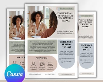 Counseling Flyer Template, Editable Therapy Marketing, Mental Health Services, Customizable Psychologist Design Canva