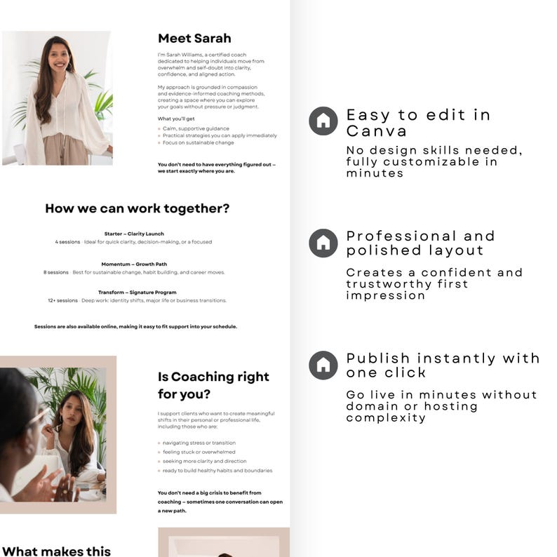 May include: A digital marketing template with a light background and text. The text includes "Meet Sarah", "Easy to edit in Canva", and "Professional and polished layout". The template is designed for coaching services.