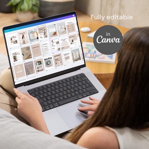 May include: A silver laptop displaying a Canva design interface with various templates. The screen shows a grid of layouts in beige and white tones. The text "Fully editable in Canva" is visible in a circular graphic.
