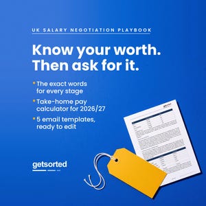 May include: A blue digital graphic titled UK Salary Negotiation Playbook with the text Know your worth. Then ask for it. It lists features including email templates and a 2026/27 pay calculator, alongside a document and a yellow tag.