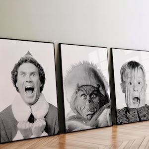 Kerstfilmpersonageafdrukken - Home Alone, The Grinch en Elf zwart-wit vakantie downloadbare kunst A2