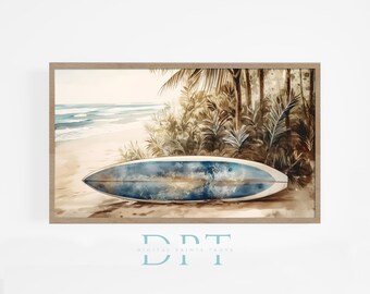 Samsung Frame TV Art, Surfboard On Beach Art, Palm Tree Art For Tv, Coastal Art For Tv, TV Frame Art, Digital Download For Samsung TV