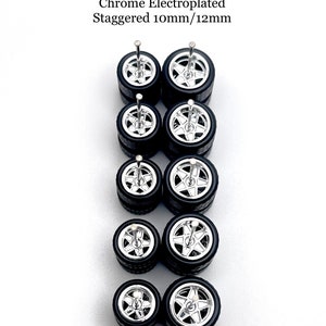 5 Star Chrome ELECTROPLATED Staggered 10mm / 12 mm (5 Pack Set) - 1/64 Scale w/ Rubber Tires