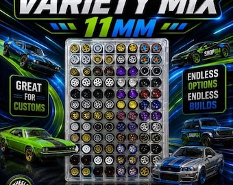 May include: A clear plastic storage case containing a variety of 11mm diecast toy car wheels in multiple colours and spoke designs. The display features text including VARIETY MIX, 11MM, GREAT FOR CUSTOMS, ENDLESS OPTIONS, ENDLESS BUILDS, and PREMIUM DIECAST.