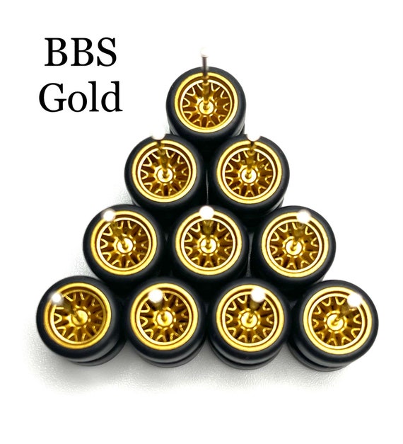 Set 5 Ruote Oro Tipo BBS Real Rider Con Pneumatici Gomma Per Modellini Scala 1/64