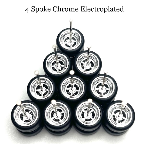 4 Spoke Chrome ELECTROPLATED (5 PACK SET) 11 mm - 1/64 Scale w/ Rubber Tires