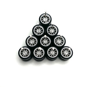 10 Spoke Chrome ELECTROPLATED (5 PACK SET) 11 mm - 1/64 Scale w/ Rubber Tires