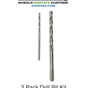 May include: Two drill bits in a kit. One is a 2-56 pilot hole bit and the other is a rivet head bit. The drill bits are silver and have a twist design.
