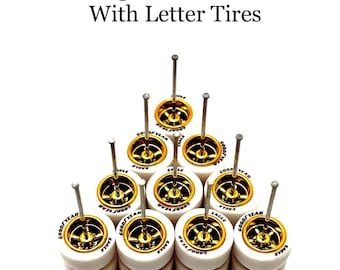 Cragar Gold Electroplated 11mm/11mm (5 Pack Set) with Letter Tires - 1/64 Scale w/ White Rubber Tires