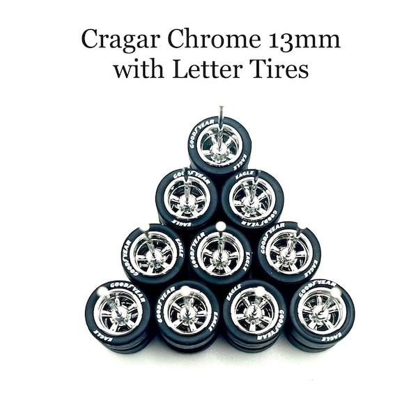 Cragar Chrome 13mm/13mm (5 Pack Set) with Letter Tires - 1/64 Scale w/ Rubber Tires