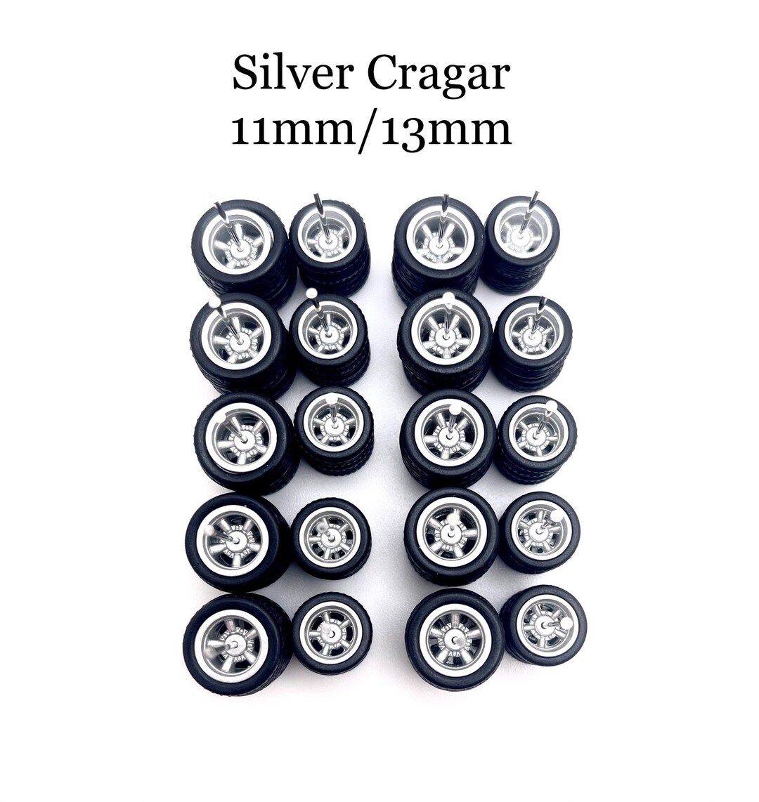 10 Pairs Silver Cragar Real Rider Wheels With Rubber Tires – 1/64 Scale Diecast Accessories