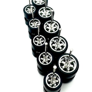 Te37 Chrome Electroplated STAGGERED 9mm / 11mm (5 Pack Set) - 1/64 Scale w/ Rubber Tires