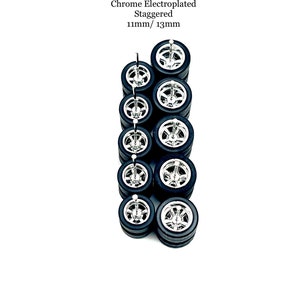 Cragar Chrome Electroplated STAGGERED 11mm/13 mm (5 Pack Set) - 1/64 Scale w/ Rubber Tires