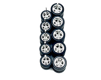 Cragar Chrome Electroplated STAGGERED 11mm/13 mm (5 Pack Set) - 1/64 Scale w/ Rubber Tires