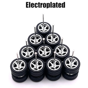 5 Spoke Chrome Electroplated (5 PACK SET) 11 mm - 1/64 Scale w/ Rubber Tires