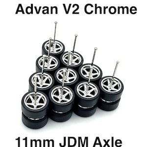 Advan V2 Chrome Electroplated JDM Axle (5 PACK SET) 11 mm - 1/64 Scale w/ Rubber Tires