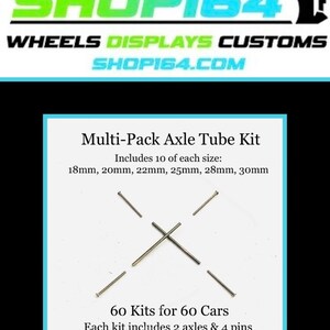 Könnte beinhalten: Multi-Pack Achsrohr-Kit mit 60 Kits für 60 Autos. Jedes Kit enthält 2 Achsen und 4 Stifte. Enthält 10 Stück jeder Größe: 18 mm, 20 mm, 22 mm, 25 mm, 28 mm und 30 mm. Das Shop164-Logo befindet sich oben.