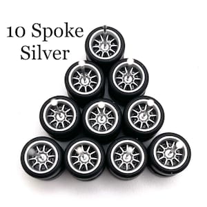 10 Spoke Silver (5 PACK SET) 11 mm - 1/64 Scale w/ Rubber Tires