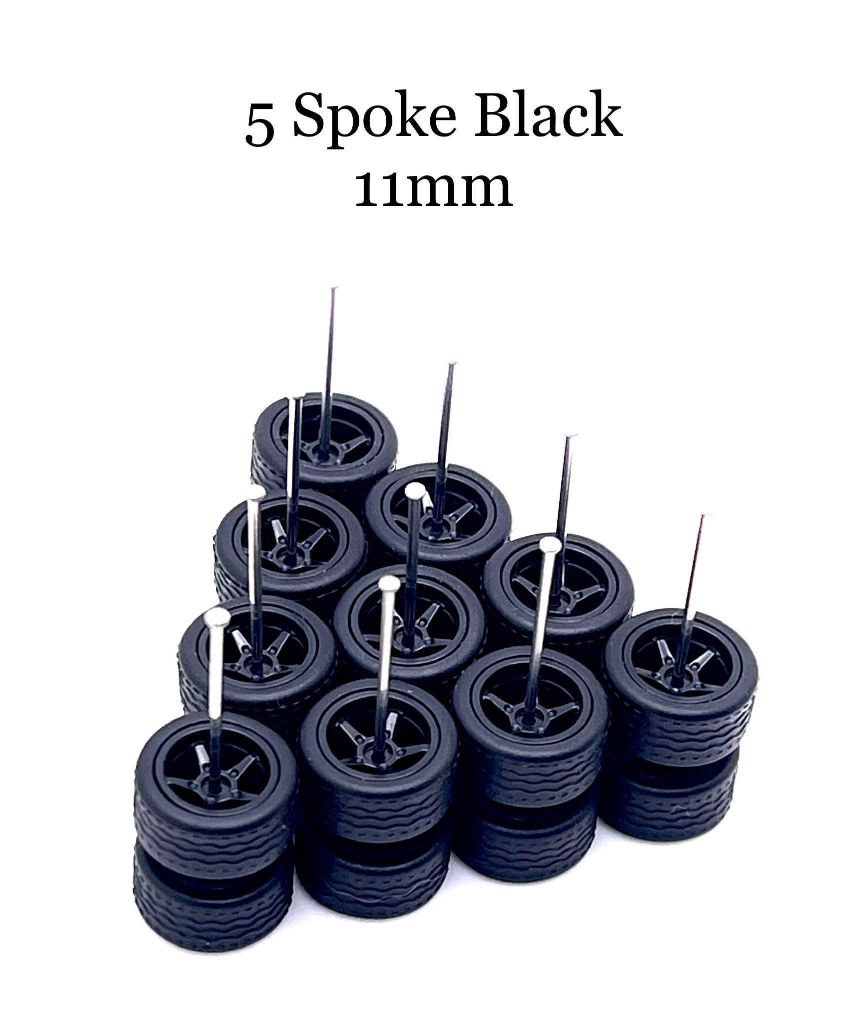 5 Spoke Black (5 PACK SET) 11 mm - 1/64 Scale w/ Rubber Tires