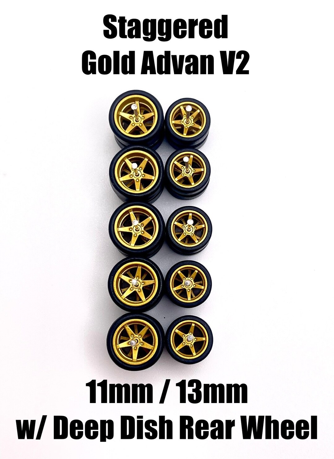 thumbnail interactive-video image 1 of 5 Pack 1/64 Scale Gasser Wheels – Chrome Advan V2 Style With Rubber Tires For Hot Wheels Customs 1 of 6