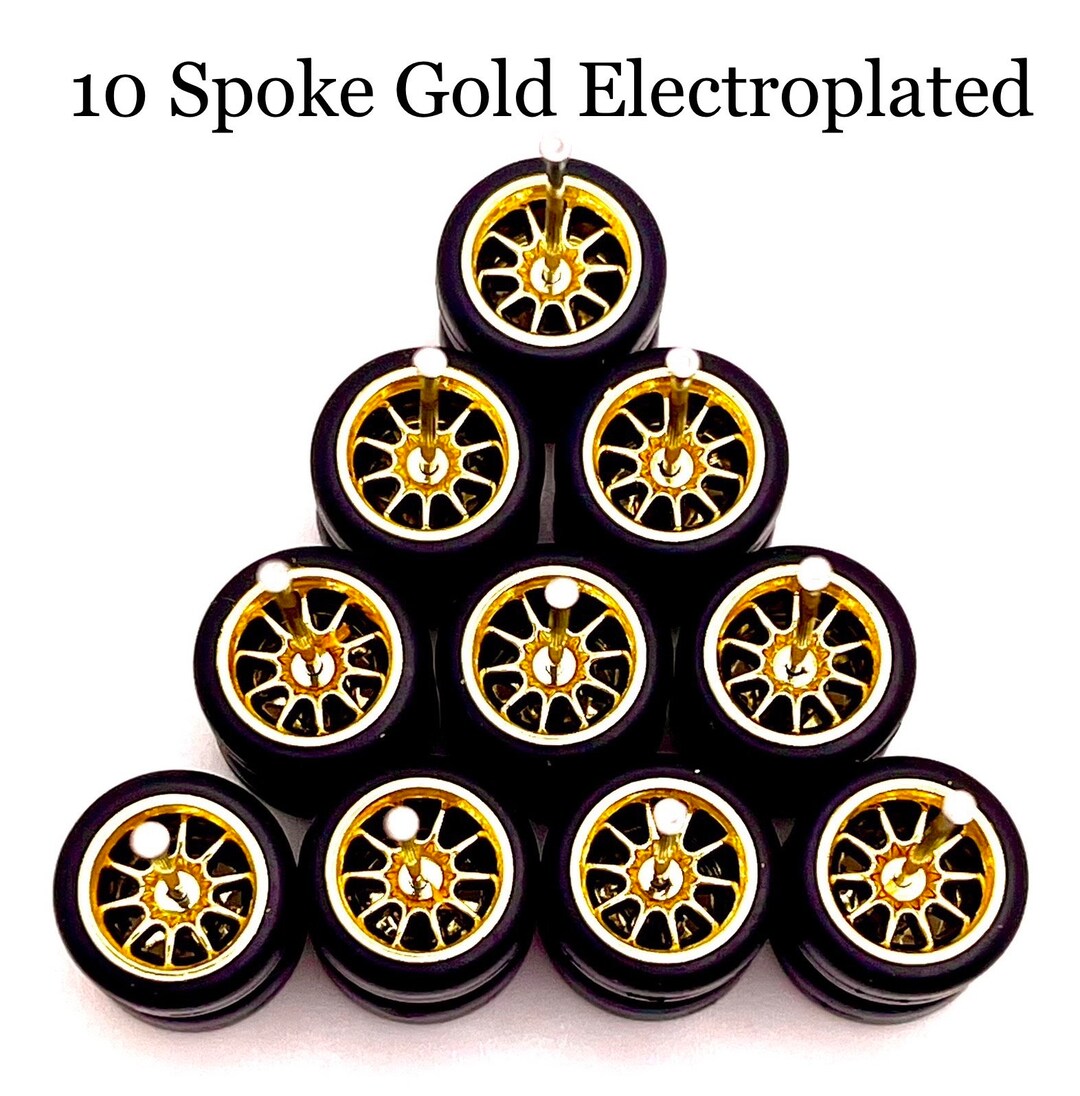 10 Spoke Gold ELECTROPLATED 5 PACK SET 11 Mm 1/64 Scale W/ Rubber Tires